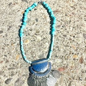 Turquoise stone necklace with antique silver plated pendant